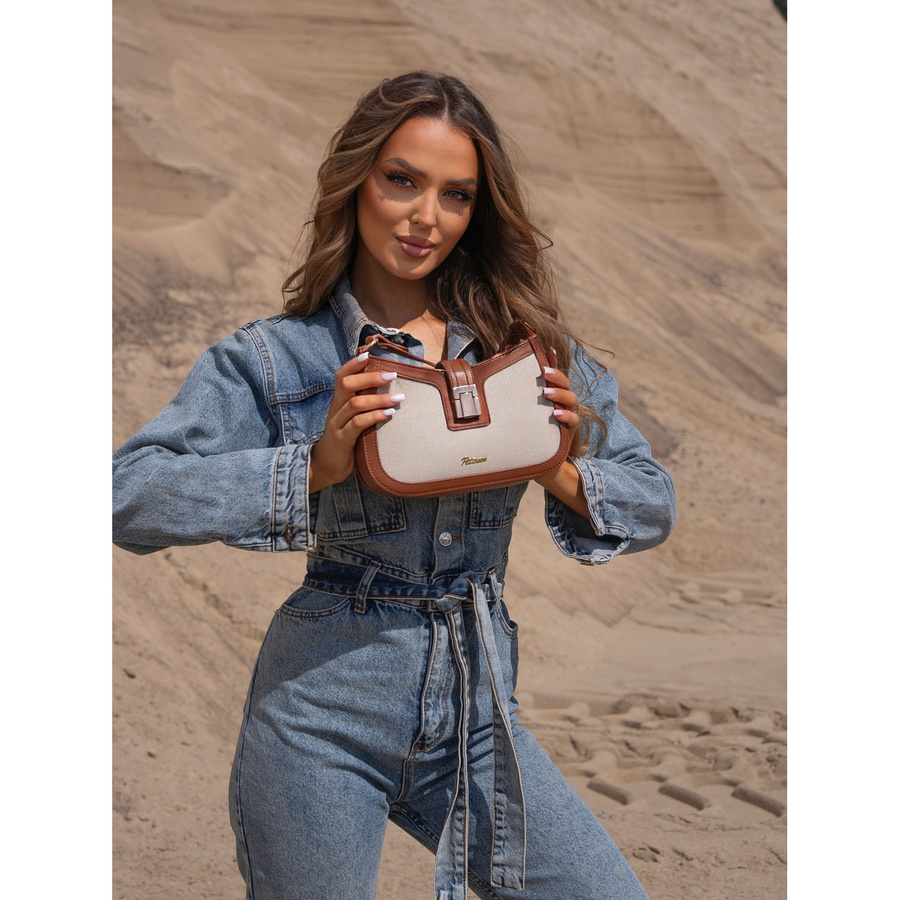 Beżowo-brązowa listonoszka damska ze skóry naturalnej i płótna poliamidowego - Peterson