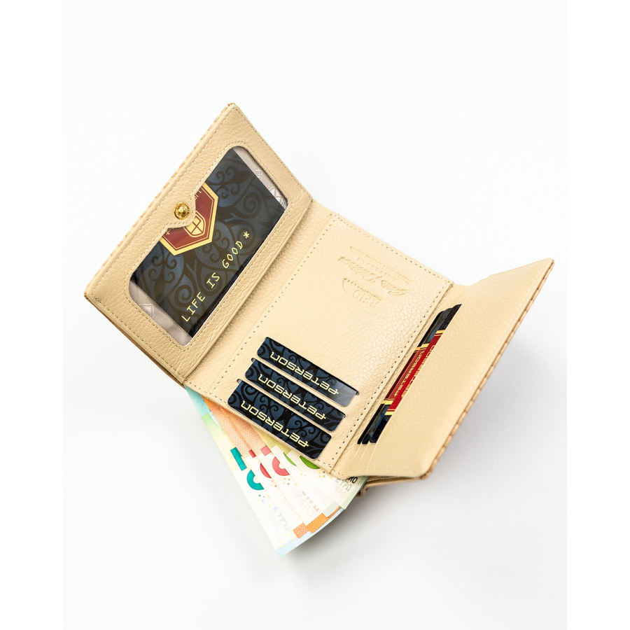 Beżowy, prążkowany portfel damski ze skóry naturalnej i ekologicznej - Peterson