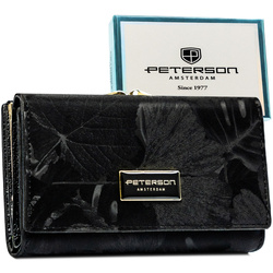 Poziomy, modny portfel damski ze skóry naturalnej i ekologicznej w czarnym kolorze - Peterson