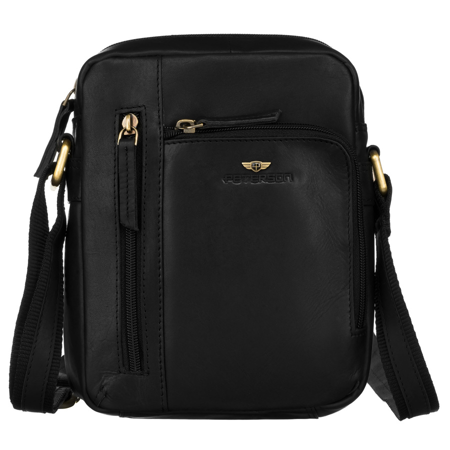 Klasyczna skórzana listonoszka męska w czarnym kolorze z kieszonkami i etui - Peterson