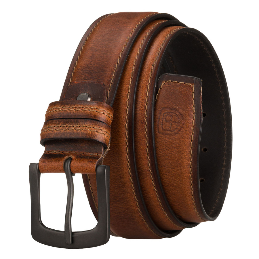 Skórzany, brązowy pasek męski z klasyczną klamrą i dwiema szlufkami - Peterson