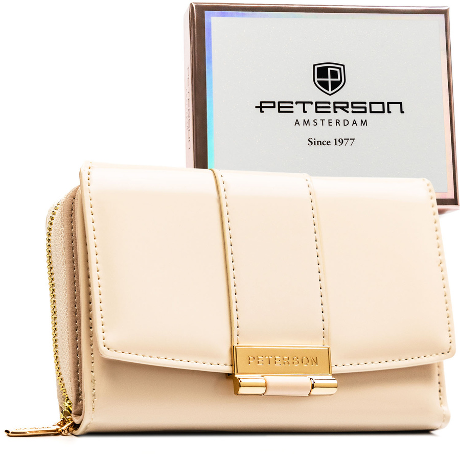 Poziomy portfel damski wykonany z lakierowanej skóry ekologicznej w beżowym kolorze - Peterson