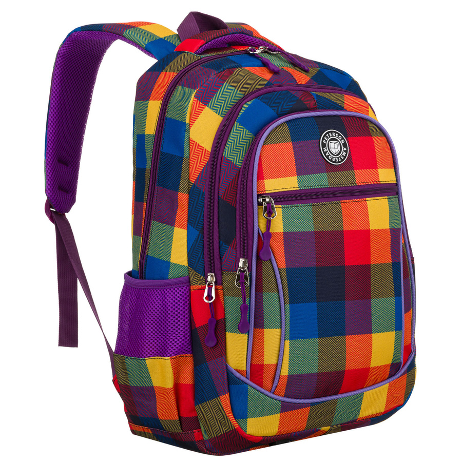 Plecak szkolny w kratę odszyty z poliestru, zawieszony na regulowanych szelkach - Peterson