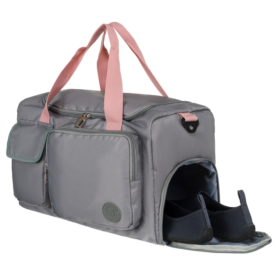 Sportowa torba podróżna z poliestru w szaro-różowym kolorze zamykana na suwak - Peterson