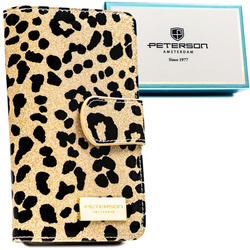 Złoty, pionowy portfel damski ze skóry ekologicznej i naturalnej w cętki, wyposażony w system RFID - Peterson
