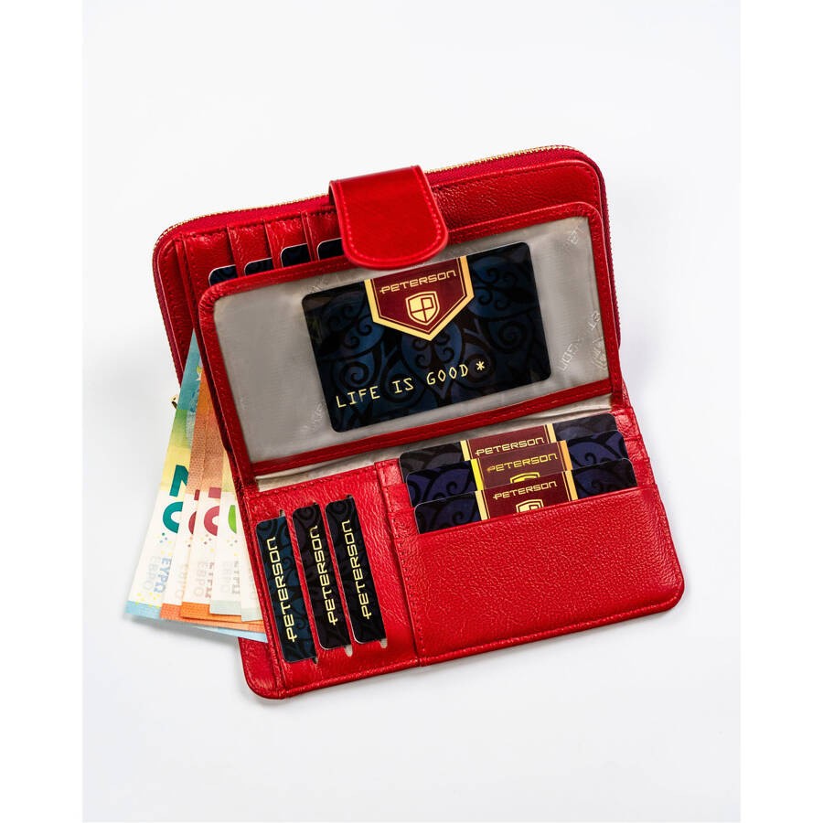 Pionowy portfel damski ze skóry naturalnej w czerwonym kolorze - Peterson