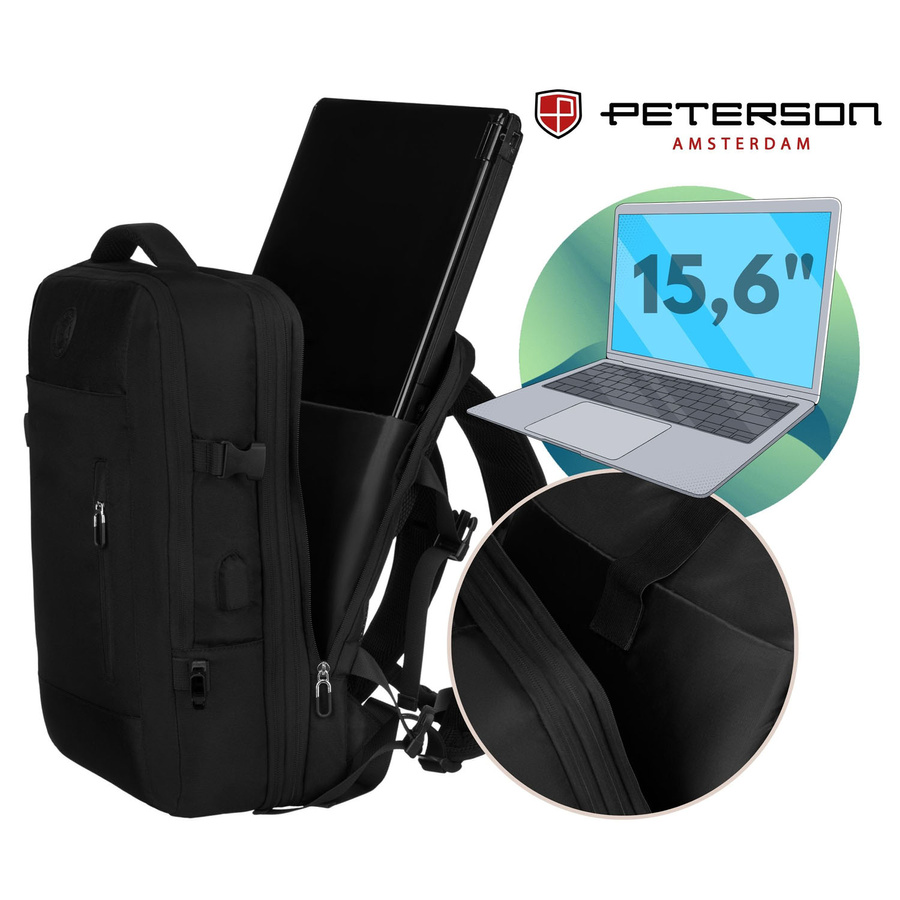 Czarny, podróżny plecak idealny na bagaż podręczny do samolotu - Peterson