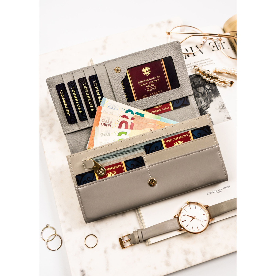 Poziomy, duży portfel damski w kwiatowy wzór z wewnętrzną kieszonką na suwak - Peterson