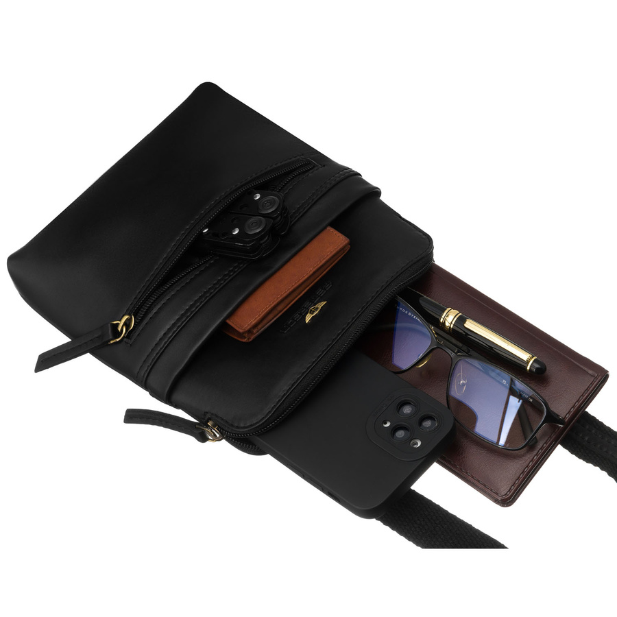 Mała, czarna, skórzana listonoszka męska zamykana suwakiem - Peterson