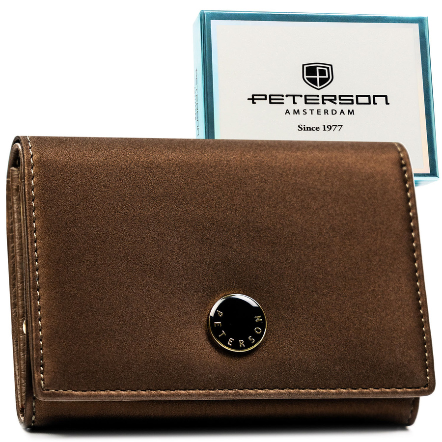 Brązowy portfel damski odszyty ze skóry naturalnej i ekologicznej - Peterson