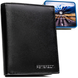 Portfel męski ze skóry naturalnej w czarnym kolorze z systemem RFID i w zestawie z brelokiem - Peterson