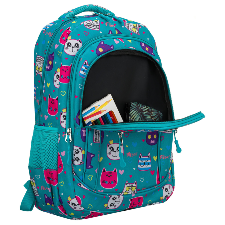 Młodzieżowy plecak szkolny odszyty z poliestru pokryty uroczym wzorem w kotki - Peterson