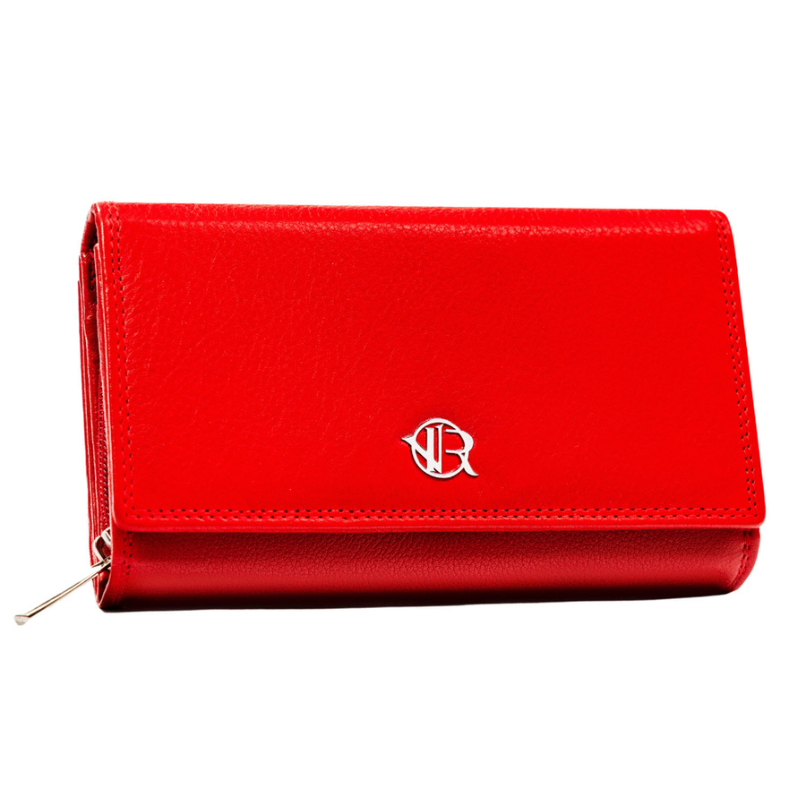 Duży skórzany portfel damski w czerwonym kolorze z wewnętrzną kieszonką na suwak - Rovicky