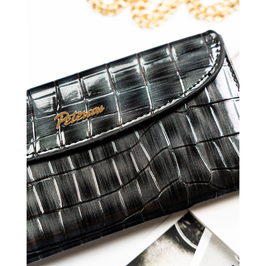 Szary portfel damski ze skóry ekologicznej z tłoczeniem na wzór skóry krokodyla, zamykany na zatrzask magnetyczny - Peterson