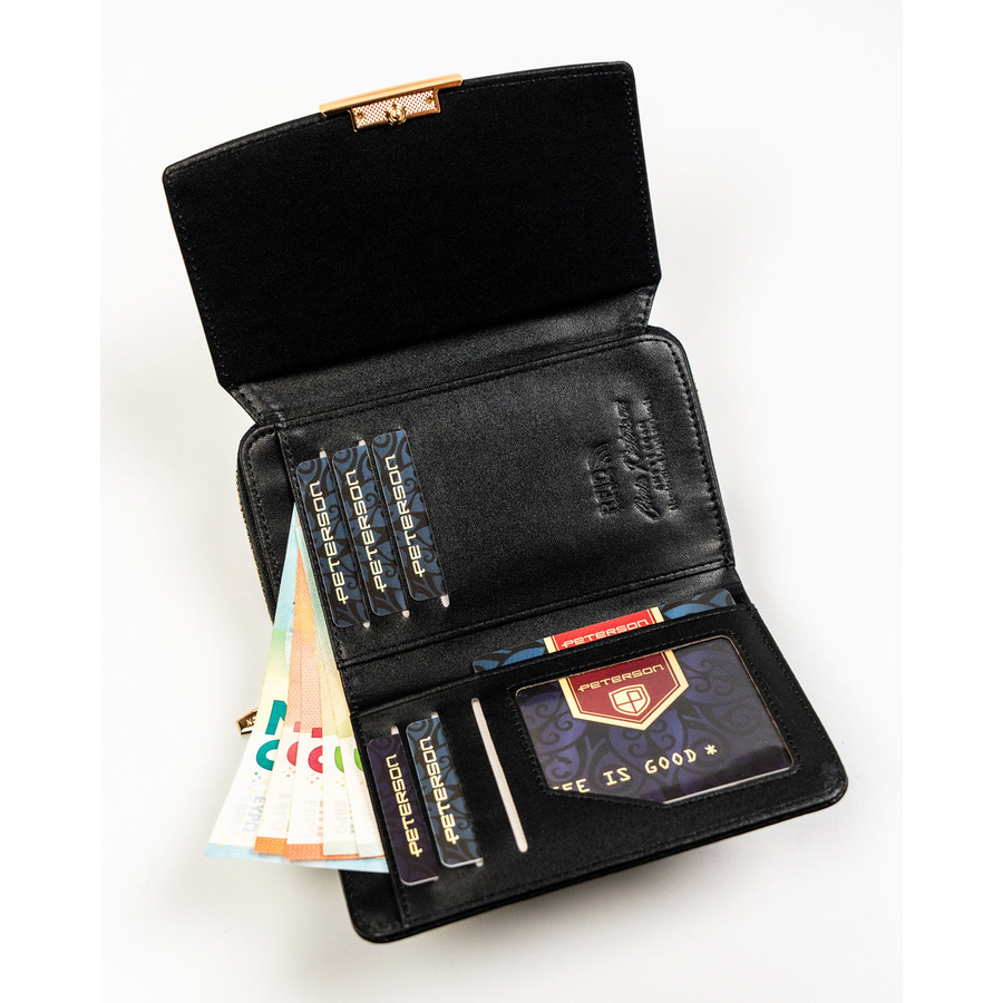 Czarny portfel damski ze skóry ekologicznej zamykany na zatrzask i suwak - Peterson