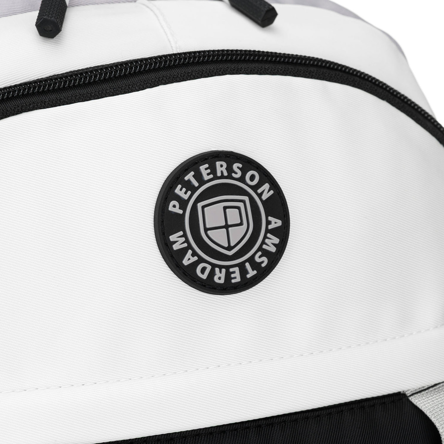 Białoczarny plecak szkolny z poliestru z poręczną dodatkową saszetką - Peterson