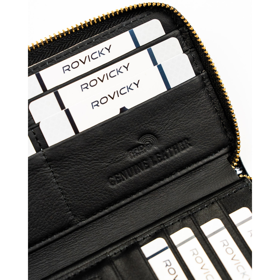 Lakierowany portfel w typie piórnika ze skóry naturalnej w czarnym kolorze zamykany na suwak - Rovicky