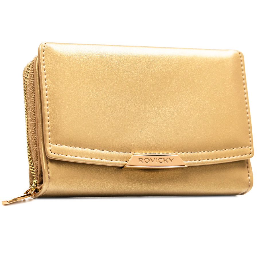 Średni, ciemnobeżowy portfel damski ze skóry ekologicznej, model mieszczący dowód rejestracyjny - Rovicky