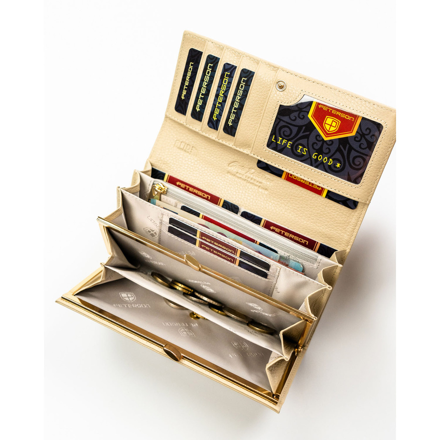 Beżowy portfel damski ze skóry naturalnej i ekologicznej zamykany zatrzaskiem - Peterson