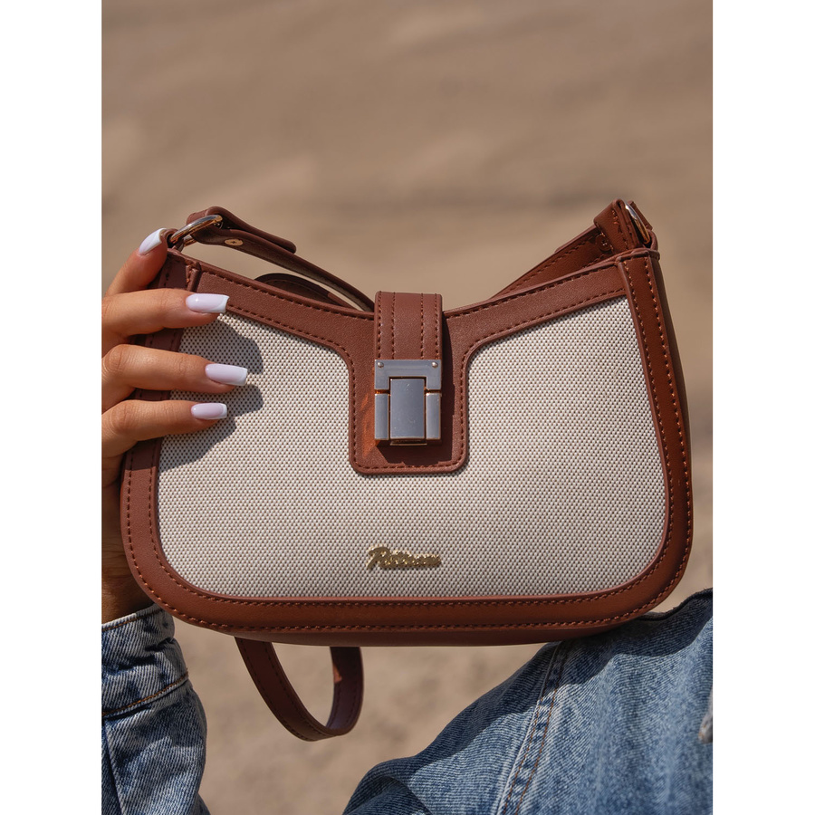 Beżowo-brązowa listonoszka damska ze skóry naturalnej i płótna poliamidowego - Peterson