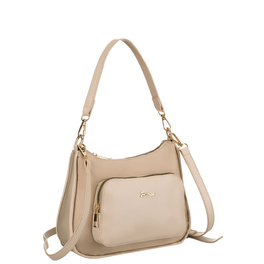 Beżowa listonoszka damska z nylonu i skóry ekologicznej zawieszona na uchwytach i dopinanym pasku - Peterson