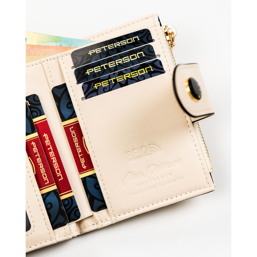 Średni portfel damski ze skóry ekologicznej w beżowym kolorze, mieści dowód rejestracyjny - Peterson