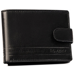Duży, skórzany portfel męski w czarnym kolorze wyposażony w system RFID, zamykany zatrzaskiem - Rovicky