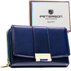 Granatowy, poziomy portfel damski wykonany ze skóry ekologicznej i zamykany na zatrzask - Peterson