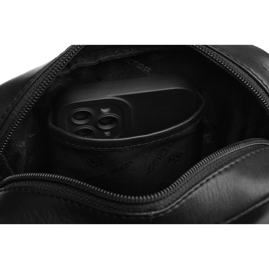 Elegancka, czarna listonoszka męska ze skóry naturalnej z zewnętrzną kieszonką na suwak - Peterson