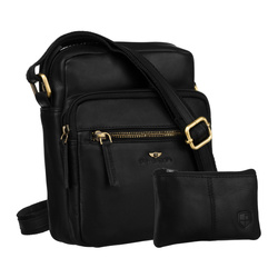 Skórzana torebka męska w czarnym kolorze zawieszona na pasku. W zestawie saszetka na klucze - Peterson