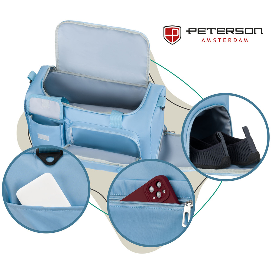 Błękitna, sportowa torba podróżna z poliestru z paskiem na ramię i uchwytem na walizkę - Peterson