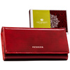 Elegancki portfel damski ze skóry naturalnej w czerwonym kolorze, zamykany zatrzaskiem i biglem - Peterson