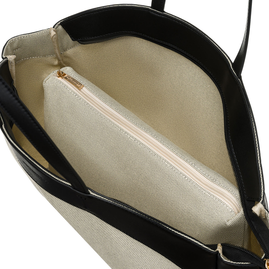 Miejska torba damska wykonana ze skóry naturalnej i włókna poliamidowego w beżowo-czarnym kolorze - Peterson