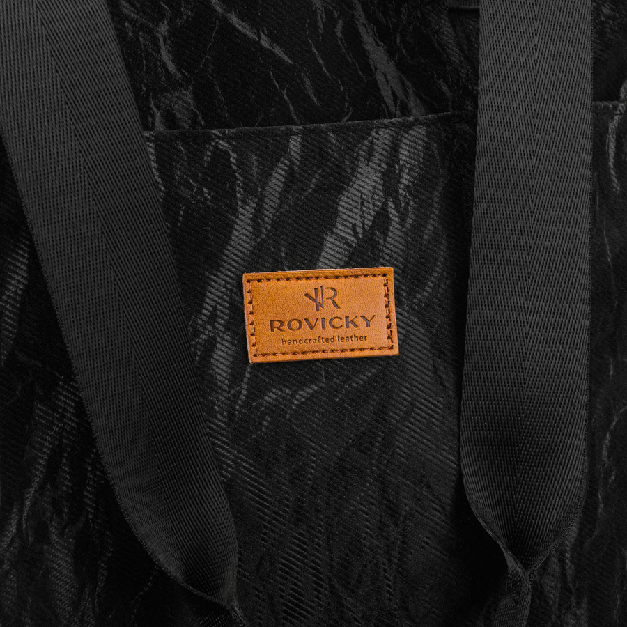 Czarna, duża torba damska z poliestru w marmurkowy wzór, zamykana suwakiem - Rovicky