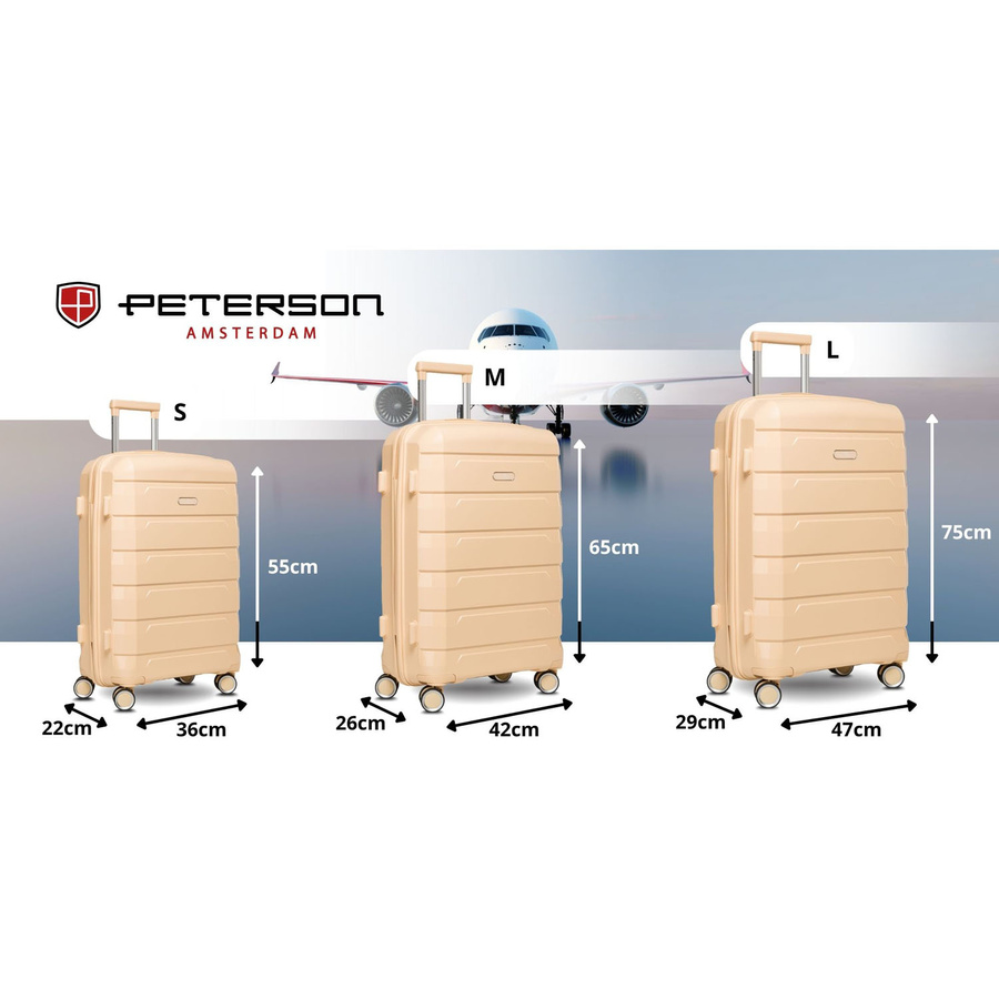 Zestaw walizek w beżowym kolorze wykonanych z polipropylenu z wysuwanymi rączkami - Peterson