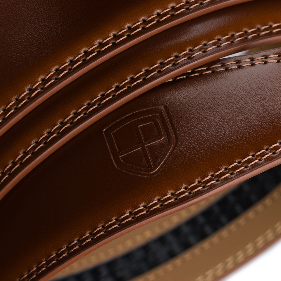 Brązowy pasek męski z automatyczną klamrą wykonany ze skóry naturalnej - Peterson