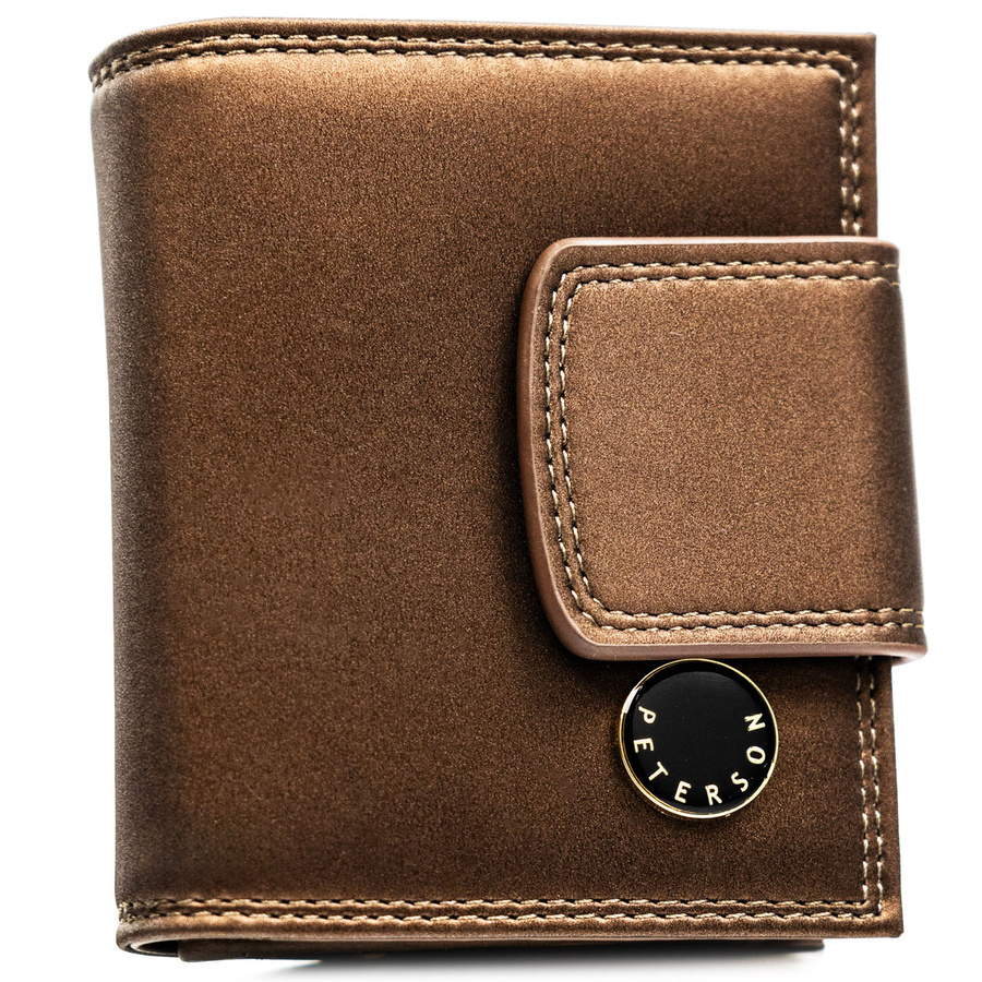 Brązowy portfel damski ze skóry naturalnej i ekologicznej, zamykany zatrzaskiem i biglem - Peterson