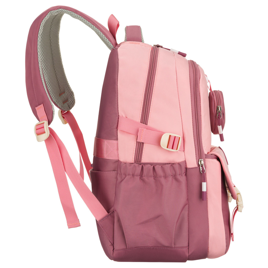 Pojemny plecak szkolny z poliestru w różowym kolorze zawieszony na regulowanych szelkach - Peterson