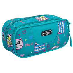 Dwukomorowy piórnik szkolny z poliestru, ozdobiony wzorem w kotki - Peterson