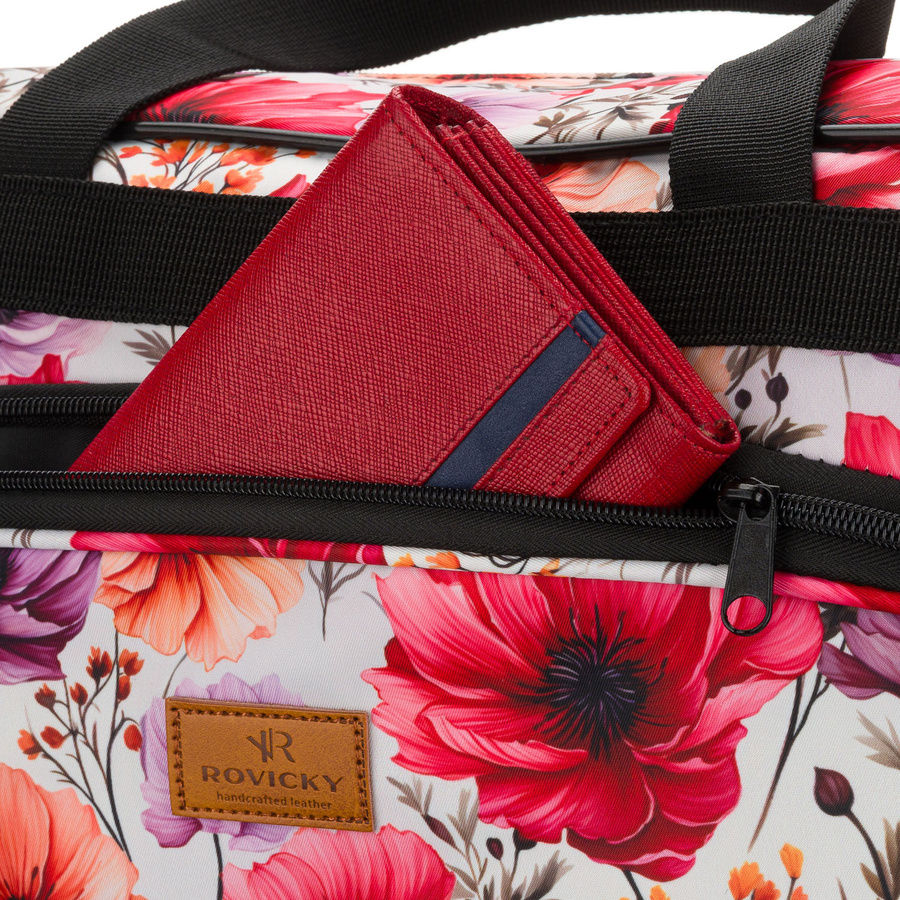 Wielokolorowa torba podróżna z wytrzymałego poliestru z portem USB, pokryta roślinnym wzorem - Rovicky