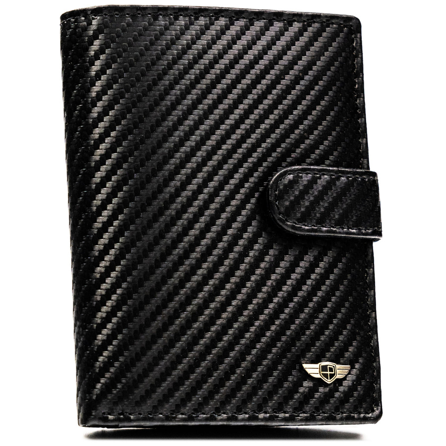 Pionowy portfel męski ze skóry naturalnej w czarnym kolorze wyposażony w system RFID, w zestawie z brelokiem - Peterson