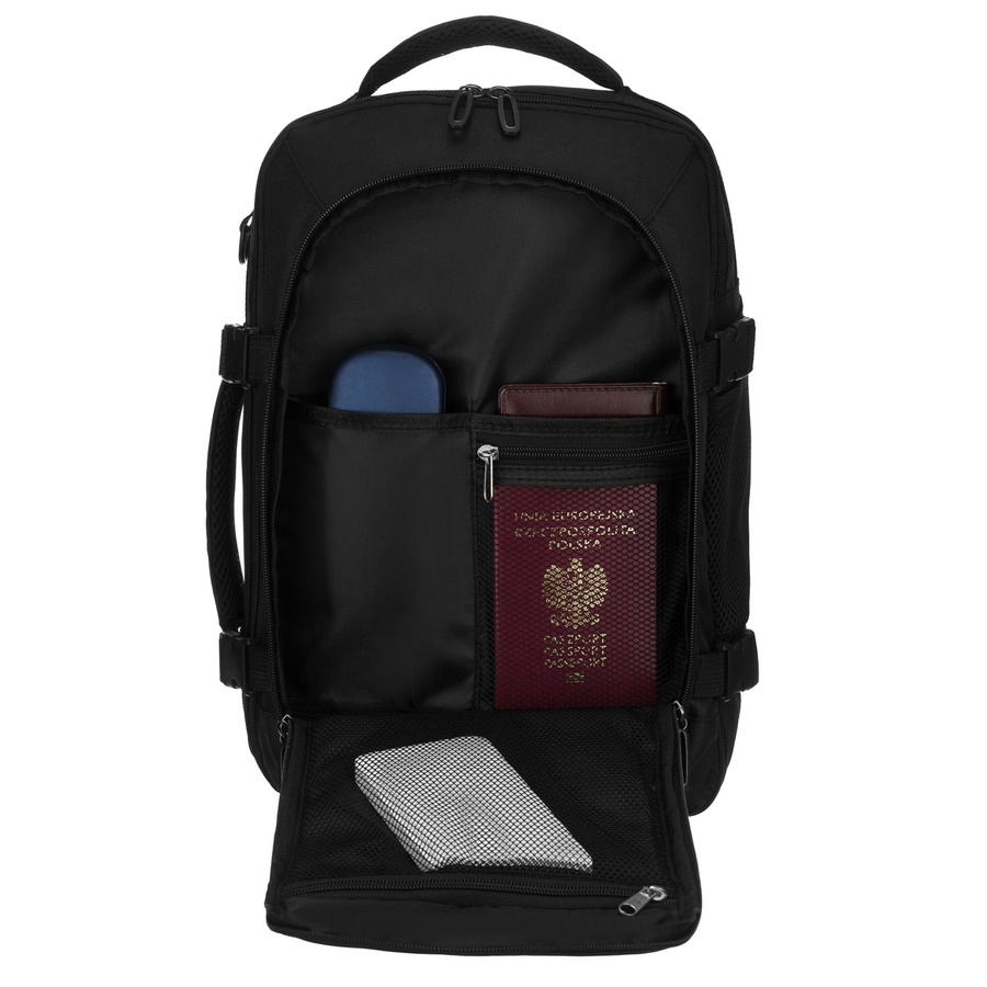 Podróżny plecak z poliestru w czarnym kolorze, dwukomorowy i idealny na bagaż podręczny - Peterson