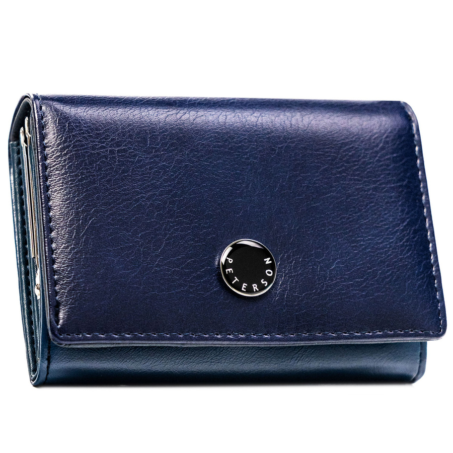 Poziomy portfel damski ze skóry naturalnej i ekologicznej w granatowym kolorze z systemem RFID - Peterson