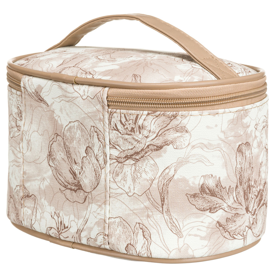 Lekka, beżowa kosmetyczka-kuferek na kosmetyki pokryta roślinnym wzorem - Peterson