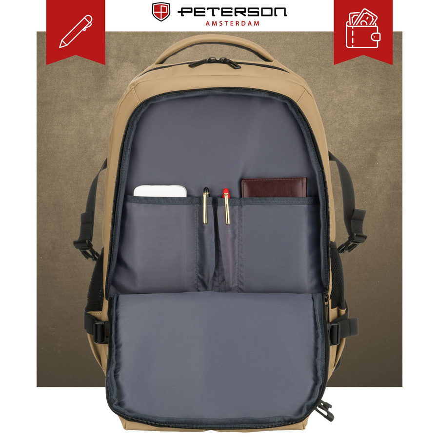 Duży plecak podróżny w kolorze khaki z miejscem na laptopa, dwukomorowy - Peterson