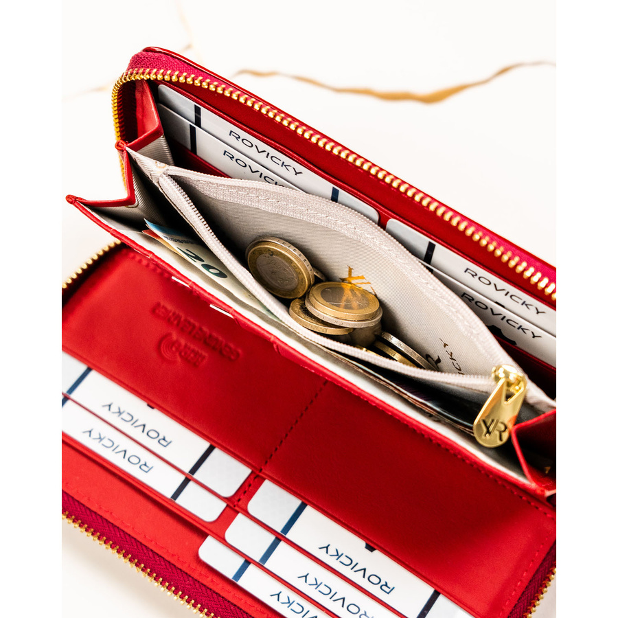 Czerwony portfel-piórnik damski z lakierowanej skóry naturalnej wyposażony w system RFID - Rovicky