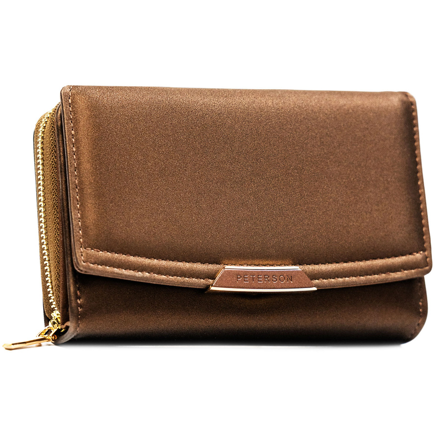 Brązowy portfel damski ze skóry ekologicznej zamykany na zatrzask i suwak - Peterson