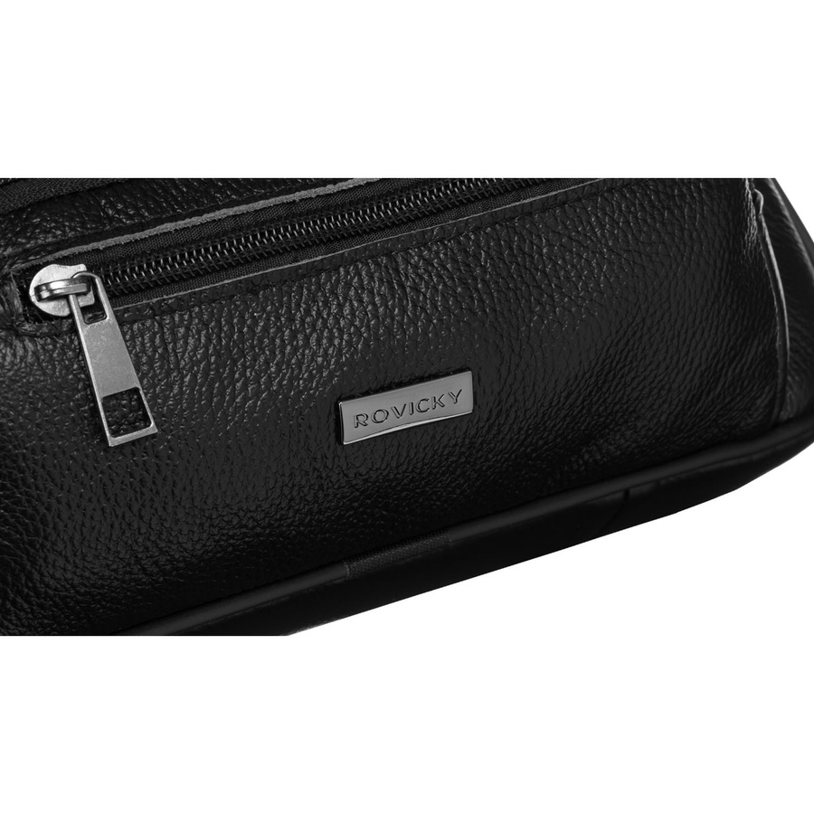 Skórzana saszetka męska w czarnym kolorze z kieszeniami zewnętrznymi i uchwytem do ręki - Rovicky
