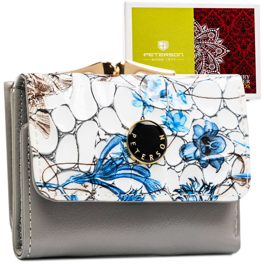 Mały, niebieski portfelik damski ze skóry naturalnej w kwiaty - Peterson