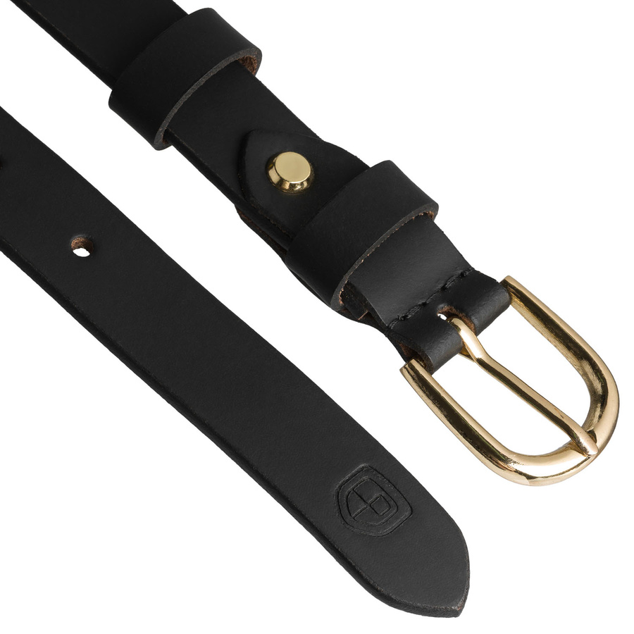 Elegancki pasek damski ze skóry naturalnej w czarnym kolorze ze złotą, klasyczną klamrą - Peterson